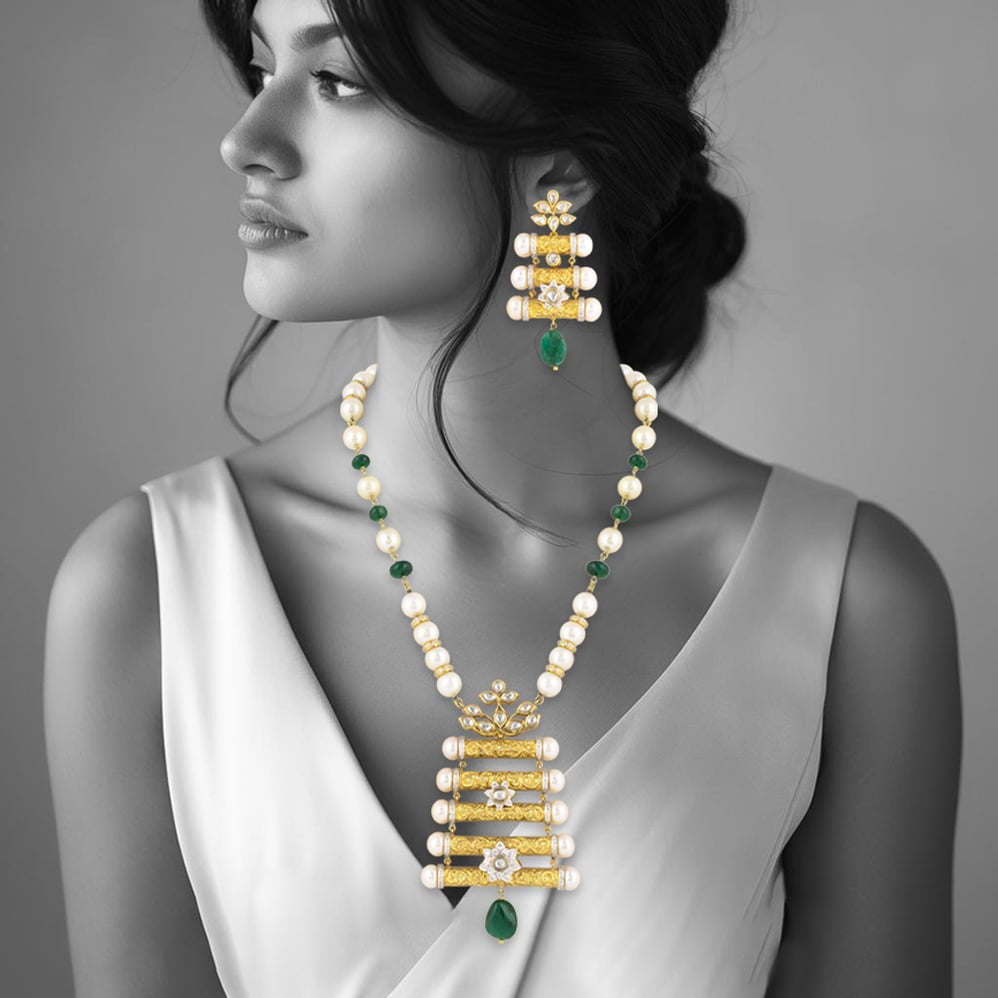 Floral Enamel Pendant Set with Pearls & Emerald Drops